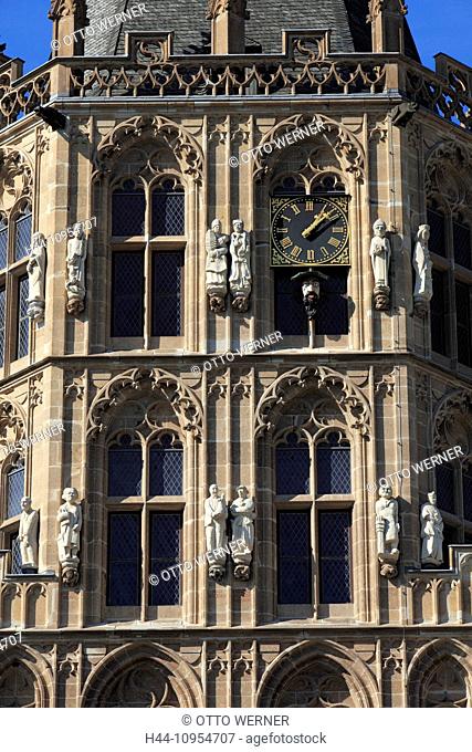 Germany, Cologne, Rhine, Rhineland, North Rhine-Westphalia, Old Town, historical, city hall, city hall tower, late Gothic, figures, town history