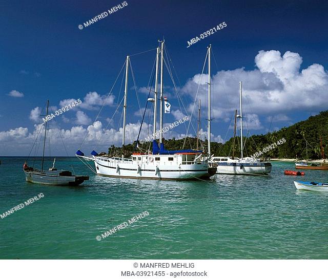 Seychelles, island, La Digue, harbor, boats, beach, lake, clouded sky, island state, island-group, coast, coast-landscape, forest, vegetation, landing place