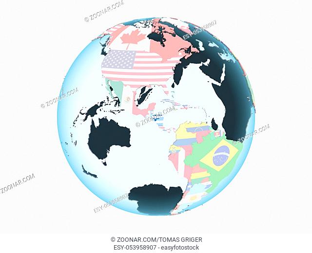Honduras on bright political globe with embedded flag. 3D illustration isolated on white background