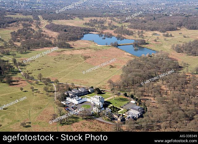 Pen Ponds and the White Lodge, home to the Royal Ballet School and former hunting lodge, Richmond Park, London, UK. Aerial view