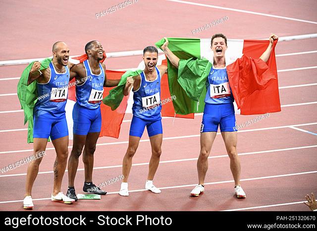 Team Italy ITA cheers, from left: Lamont Marcell JACOBS (ITA) Eseosa Fostine DESALU (ITA), Filippo TORTU (ITA), Lorenzo PATTA (ITA), winner, winner