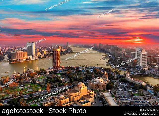Cairo downtown, Gezira island and the Nile river, aerial view from the Tower, Egypt