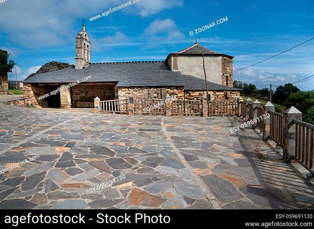 Old church Santa Maria Magdalena in sunlight with blue sky, Penafonte, Camino de Santiago close to Grandas de Salime, Asturias, Spain