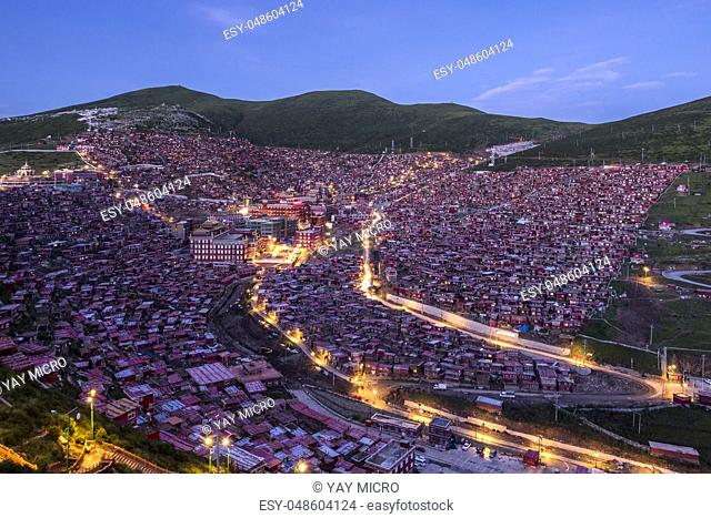 Lharong Monastery and the Monk houseson surrounded in Sertar, Tibet. Lharong Monastery is a Tibetan Buddhist Institute at an elevation of about 4300 meters