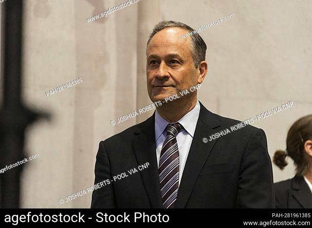 Second gentleman Doug Emhoff watches U.S. Vice President Kamala Harris speak at the opening gala of the Afro-Atlantic Histories exhibit at the National Gallery...