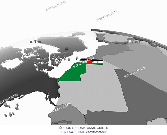 Western Sahara on gray political globe with embedded flag. 3D illustration