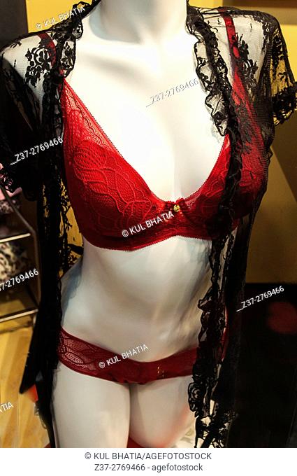 A mannequin displays latest intimate lingerie in a store window, Ontario, Canada
