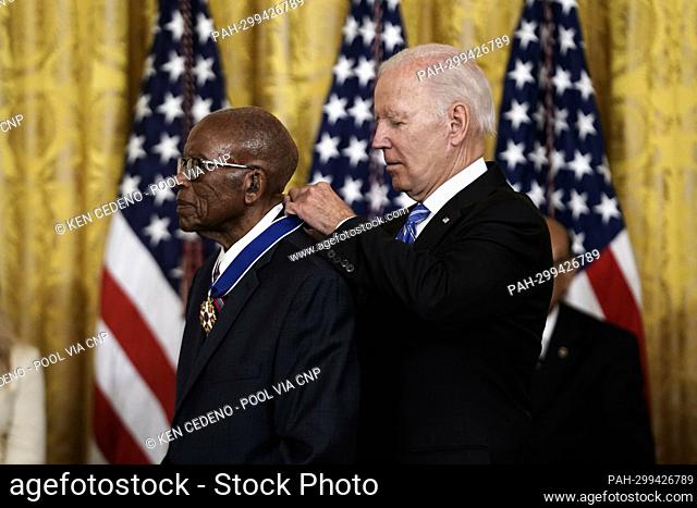 United States President Joe Biden awards the Presidential Medal of Freedom to Fred Gray, who represented Rosa Parks, the NAACP, and Martin Luther King Jr