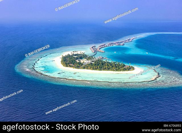 Island holiday paradise sea text free space copyspace Halaveli Resort Ari Atoll aerial photo tourism in the Maldives