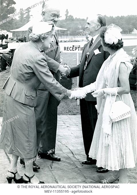 Sir Frederick and Lady Handley Page, left, being received by the Royal Aeronautical Society President and Mrs E.T. Jones at the 1956 Royal Aeronautical Society...