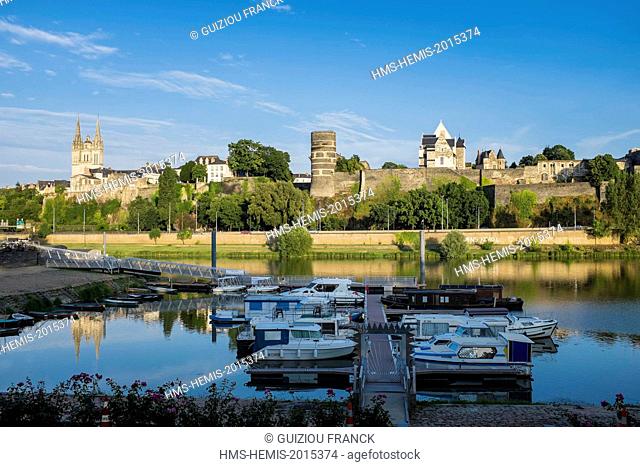 France, Maine et Loire, Angers, the river port and the castle of the Dukes of Anjou, Saint Maurice cathedral in background