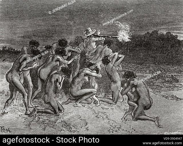 Indigenous Australian Aborigines scared when a firearm is shot. Queensland, Australia. Old 19th century engraved illustration