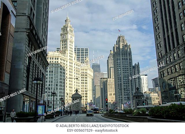 Michigan Avenue with the Wrigley Building on the back