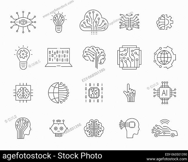 Artificial intelligence and machine learning line icon set. Simple thin outline pictogram collection. AI concept. Innovative robotic technology elements