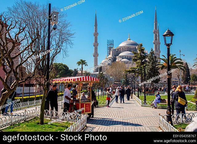 Istanbul, Turkey - March 25, 2019: Editorial: Tourists visiting Blue Mosque, also called the Sultan Ahmed Mosque or Sultan Ahmet Mosque under sunlight in the...