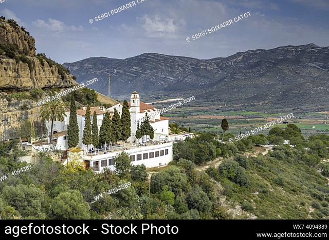 La Pietat Hermitage (the piety) in the Godall mountain range. In the background, the MontsiÃ range (Ulldecona, Tarragona, Catalonia, Spain)