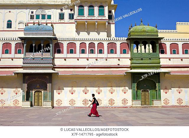 Courtyard of Pitam Niwas Chowk, in background spring gate at right and summer gate at left , City Palace, Jaipur, Rajasthan, India