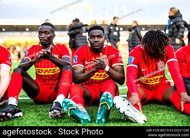 Farum, Denmark. 19th, March 2023. (L-R) Mohamed Diomande, Ernest Nuamah and Adamo Nagalo of FC Nordsjaelland are celebrating the victory after the 3F Superliga...
