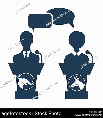Illustration Debate of Republican vs Democrat. People Icons Isolated on White Background -