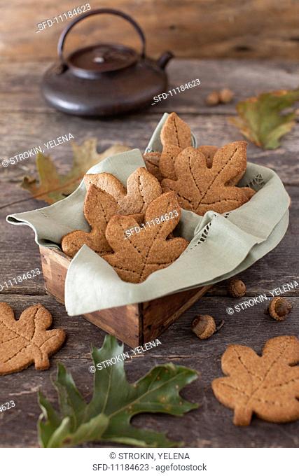 Leaf Shaped Whole Wheat Maple Graham Cookies in a Box and on a Table; Acorns