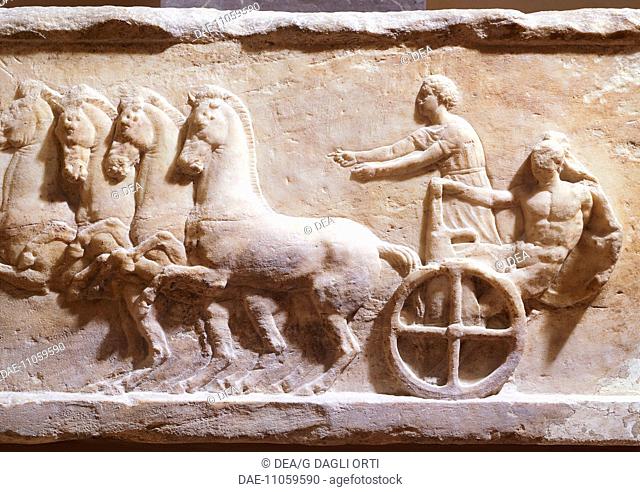 Hoplite on a chariot, relief from The Acropolis of Athens, Greece. Greek civilization, 4th Century BC.  Athens, Moussío (Acropolis Museum