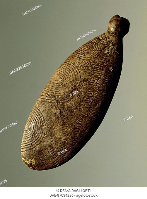 Prehistory, Czech Republic, Paleolithic. Decorated bone pendant. From Predmosti.  Brno, Etnograficke Muzeum Moravskeho Muzea V Brne (Ethnography Museum)