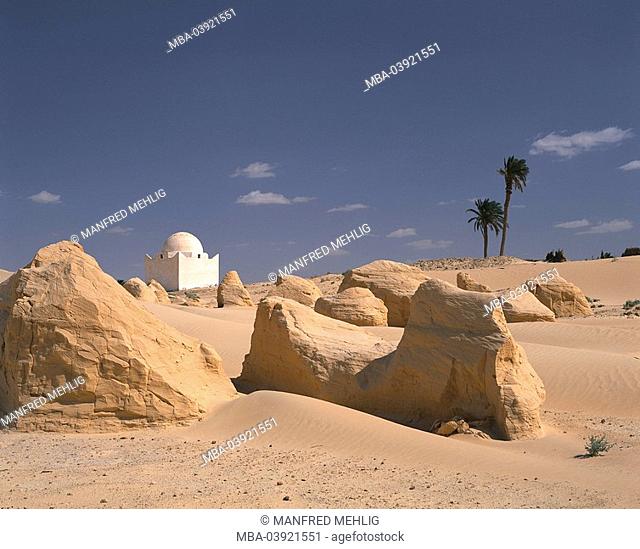 North-Africa, Tunisia, desert-landscape, Marabout, rocks, sand, Africa, Maghreb-countries, desert, landscape, palms, sand-desert, rock-formations, buildings