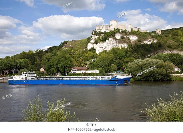 Europe, France, Les Andelys, Gaillard Castle, Chateau Gaillard, River Seine, Seine River, Rivers, Castle, Castles, Ship, Ships, Shipping, Tourism, Travel