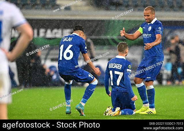 Andrew Hjulsager (17) of Gent pictured celebrating with teammates Ibrahim Salah (16) of Gent and Vadis Odjidja Ofoe (8) of Gent after scoring a goal during a...
