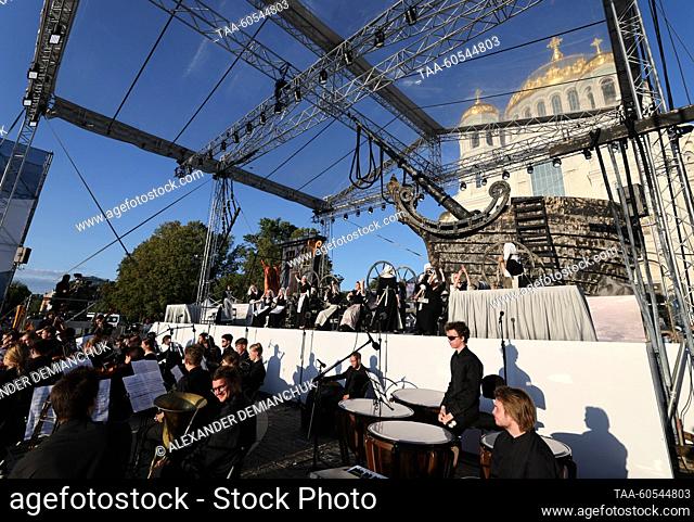 RUSSIA, ST PETERSBURG - JULY 19, 2023: Opera singers and the Symphony Orchestra of Rimsky-Korsakov St Petersburg State Conservatory perform in a scene from...