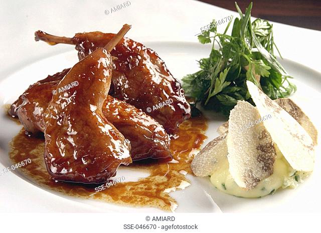 caramelized quail with apple and white truffle summer puree chef: Joël Robuchon