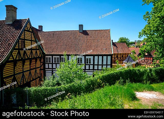 Aarhus, Denmark - 8 June, 2021: historic half-timbered houses in the old town center of Aarhus