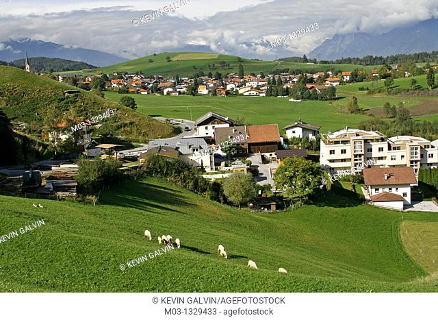 Austria Tirol Tyrol Rinn small town mountain high road pastoral landscape with sheep
