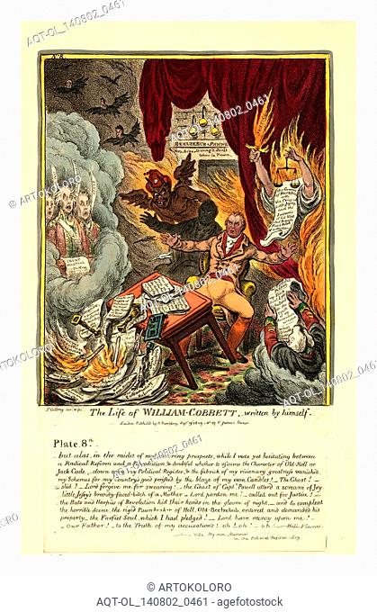 The life of William Cobbett, engraving 1809, Cobbett surrounded by flames and beset by ghosts, starts back in his chair, overturning his writing table and...