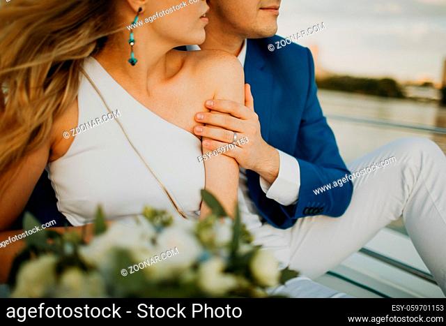 Wedding couple bride and groom together forever on yacht
