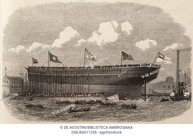 Launch of the Serapis, transport ship for India, at Jarrow, on the Tyne, United Kingdom, illustration from the magazine The Illustrated London News, volume XLIX
