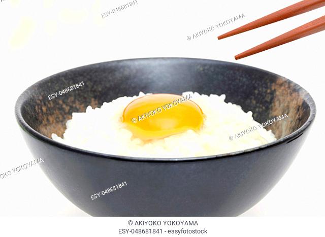 Close up of Japanese rice with raw egg, Tamago kake gohan
