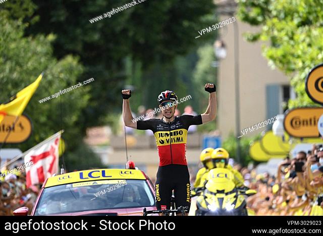 Belgian Wout Van Aert of Team Jumbo-Visma celebrates as he crosses the finish line to win stage 11 of the 108th edition of the Tour de France cycling race, 198