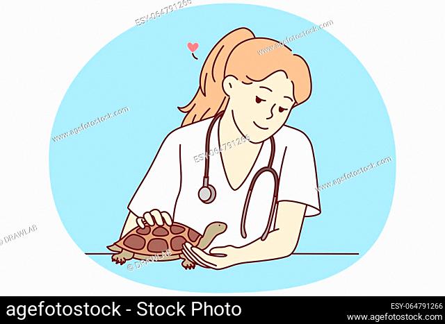 Smiling female veterinarian take care of turtle in hospital. Happy woman vet doctor cure small domestic pet in clinic. Vector illustration
