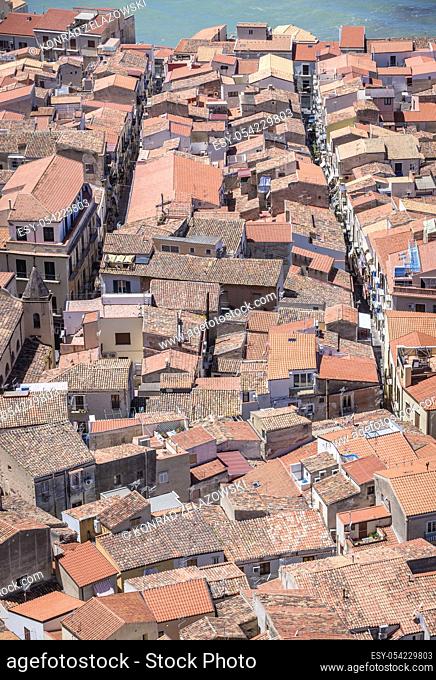 Old Town roofs seen from Rocca di Cefalu rock massif in Cefalu city and comune, located on the Tyrrhenian coast of Sicily, Italy