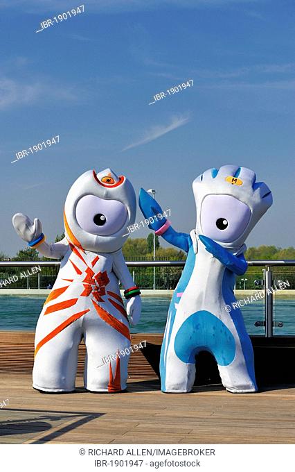 Wenlock and Mandeville, the London 2012 mascots at the opening of the White Water Centre at Waltham Abbey, England, United Kingdom, Europe