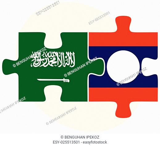 Saudi Arabia and Laos Flags in puzzle isolated on white background