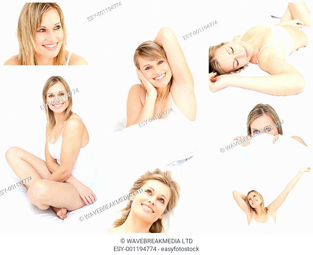 Collage of a young woman in her bed