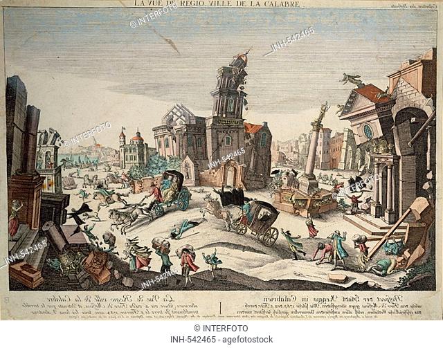 natural disaster / catastrophe, earthquake, Reggio Calabria, 5 2 1783, peep show image, colour engraving, Augsburg, Puppet Theatre Museum at Municipal Museum