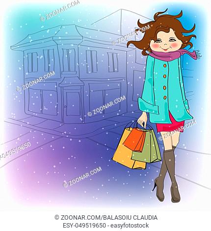 beautiful young woman at shopping illustration in vector format
