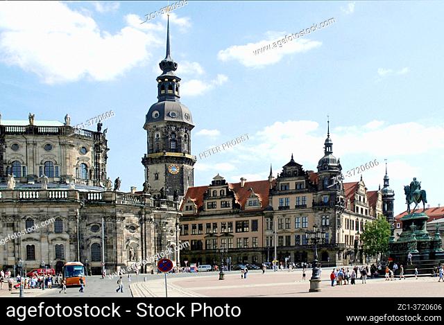 View from the Theatre Square on the reconstructed Saxon Royal Palace in Dresden with the Hausmannsturm - Germany