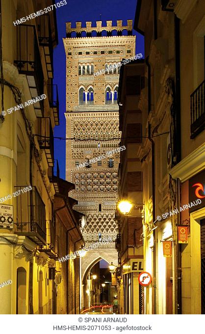 Spain, Aragon, Teruel, Saint Sauveur, listed as World Heritage by UNESCO, bell tower by night