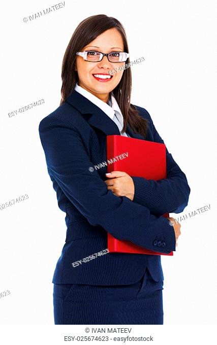 Businesswoman holding files isolated on white