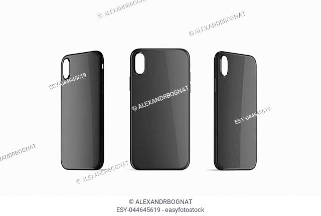 Blank black phone case mock up set, empty isolated, 3d rendering. Back, right and left side smartphone cover mockup ready for logo or pattern print presentation