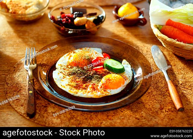 beautiful arrangement of healthy life style vegetarian breakfast on wooden table